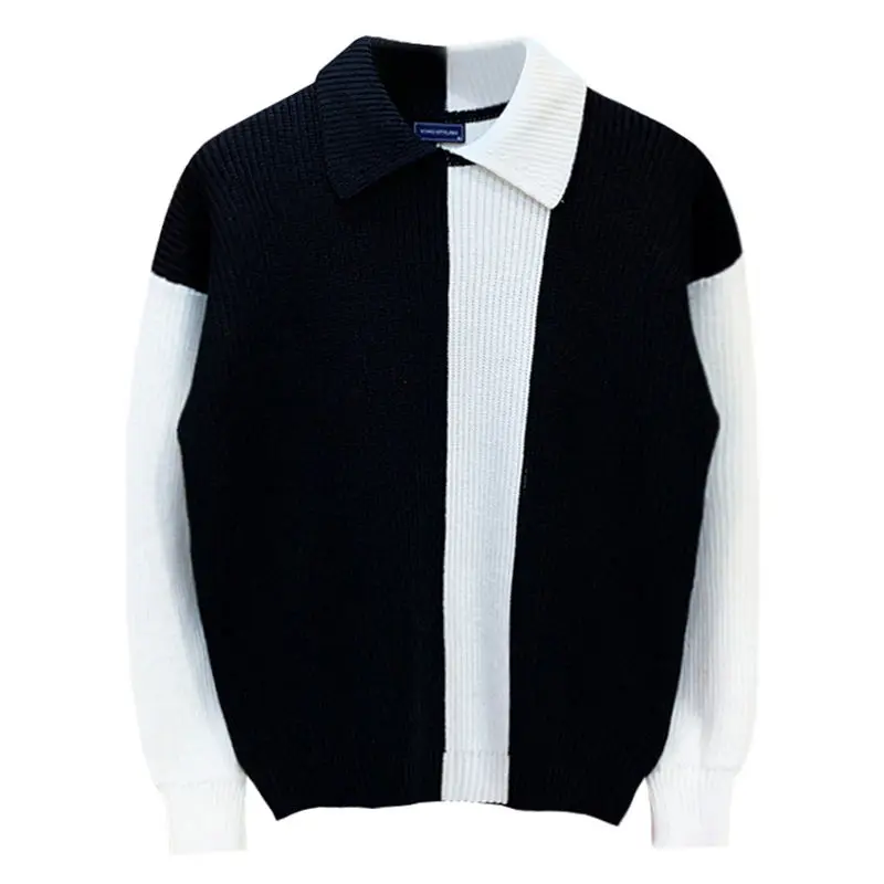 European American Trendy Design Color-blocked Lapel Pullover for Men Casual Personalized Thickened Round Neck Sweaters for Men