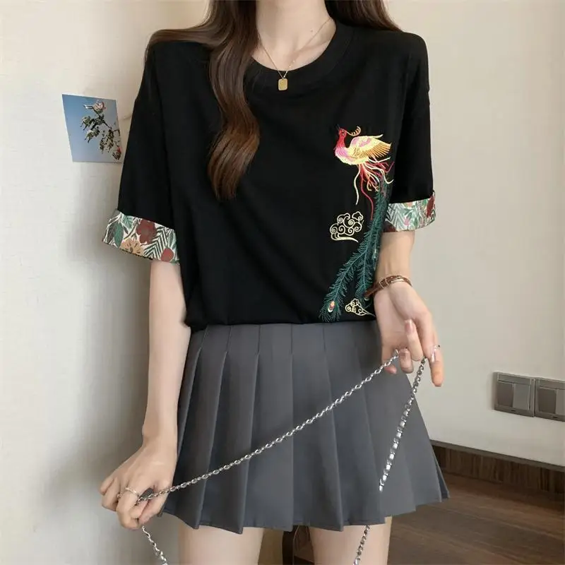 Summer New Round Neck Fashion Short Sleeve T-shirt Women Vintage Chinese Style Embroidered Pullovers Casual Loose All-match Tops