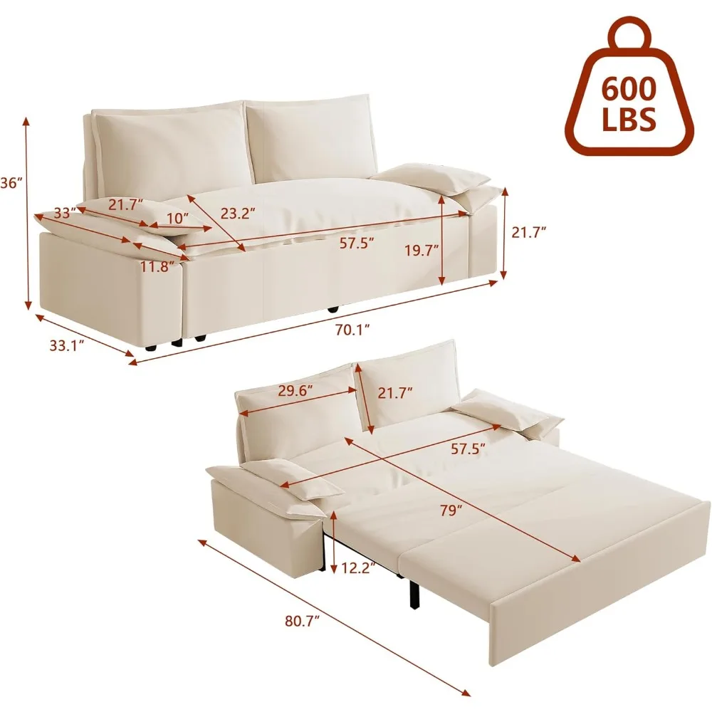 Divano letto estraibile Queen da 70,1", divano letto convertibile in velluto con 2 morbidi cuscini, comodo divano letto futon per soggiorno