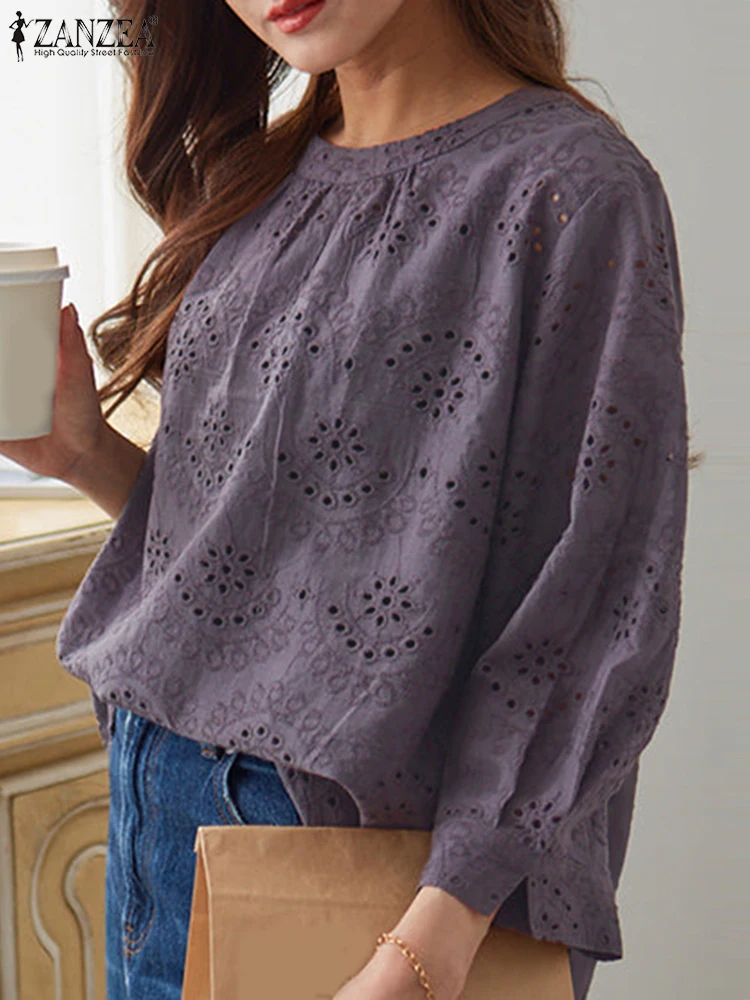 

ZANZEA 2025 Autumn Blouses Women Hollow Out Design Blusas Fashion Round Neck 3/4 Sleeve Ruffled Tunics Cotton Loose Tops Femme