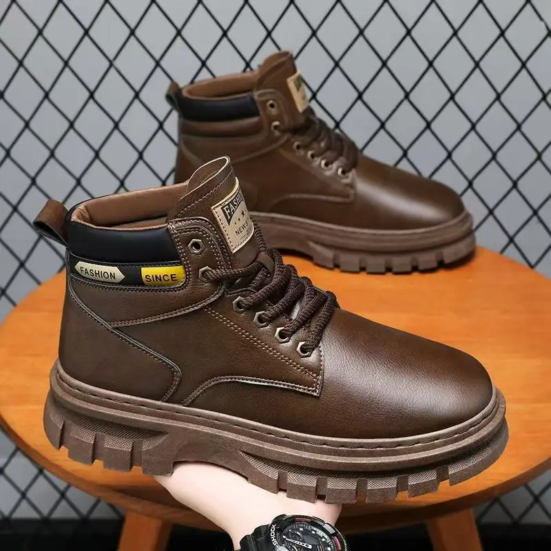 

Мужские осенне-зимние кожаные ботильоны большого размера на толстой подошве, нескользящие водонепроницаемые рабочие ботинки на шнуровке с круглым носком, мотоциклетные ботинки