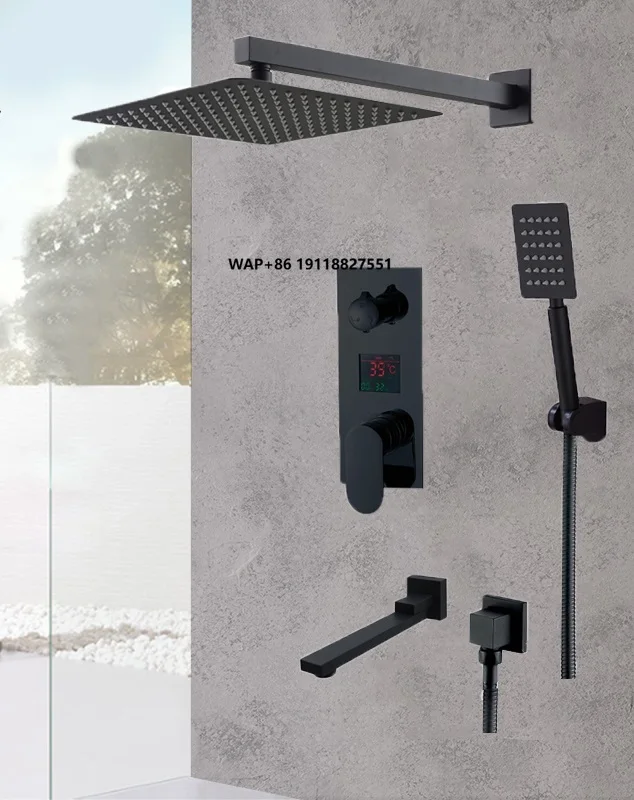 

Matte Black LED Digital Display Shower Faucet Set Waterfall Black Bathtub Hot and Cold Mixer Tap Shower Panel 8" 10" 12" 16"rain