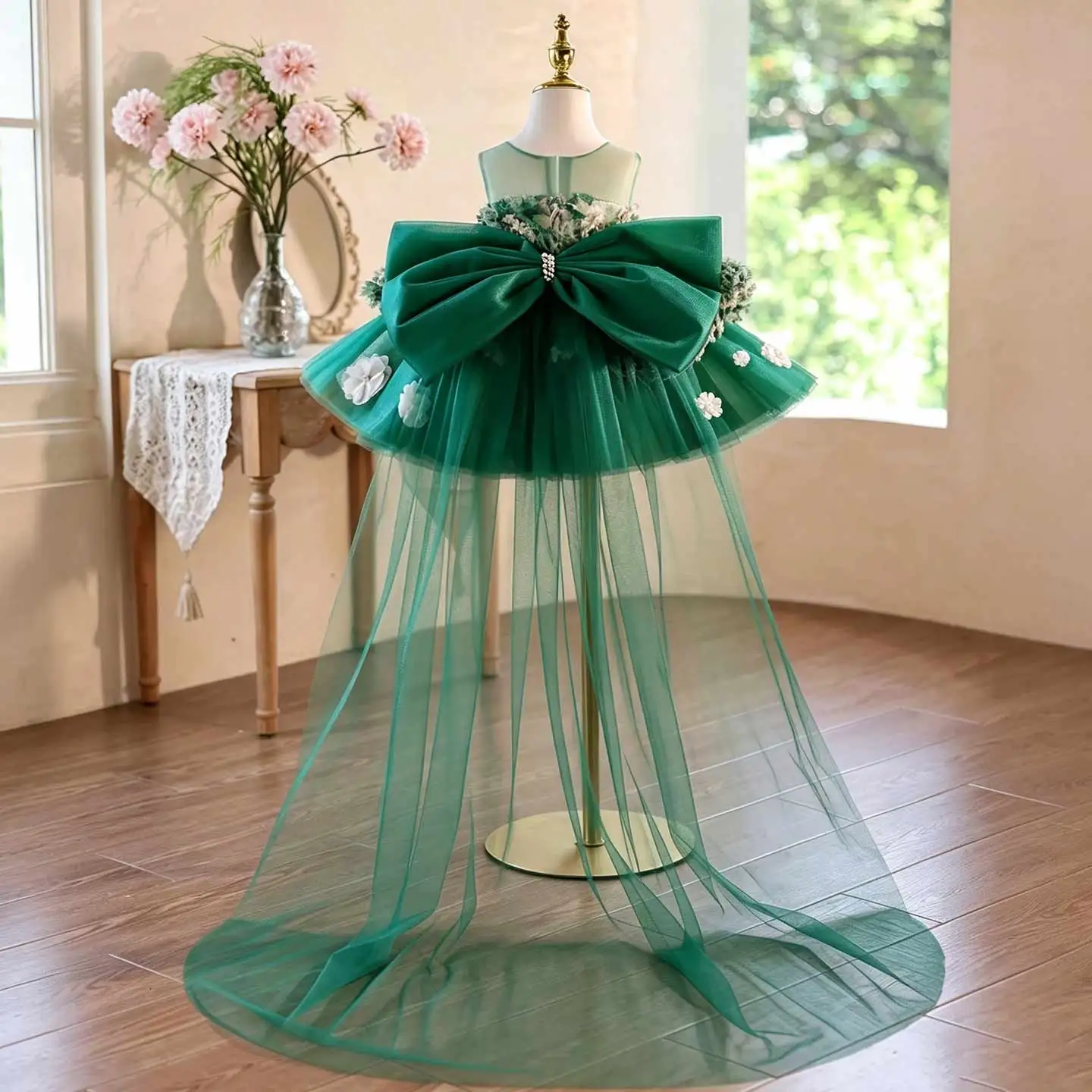 Jill Wish J507 Emerald Green Floral Girls Pageant Dress, Sheer Neck Tulle Gown With Big Bow & Detachable Train Kids for Party