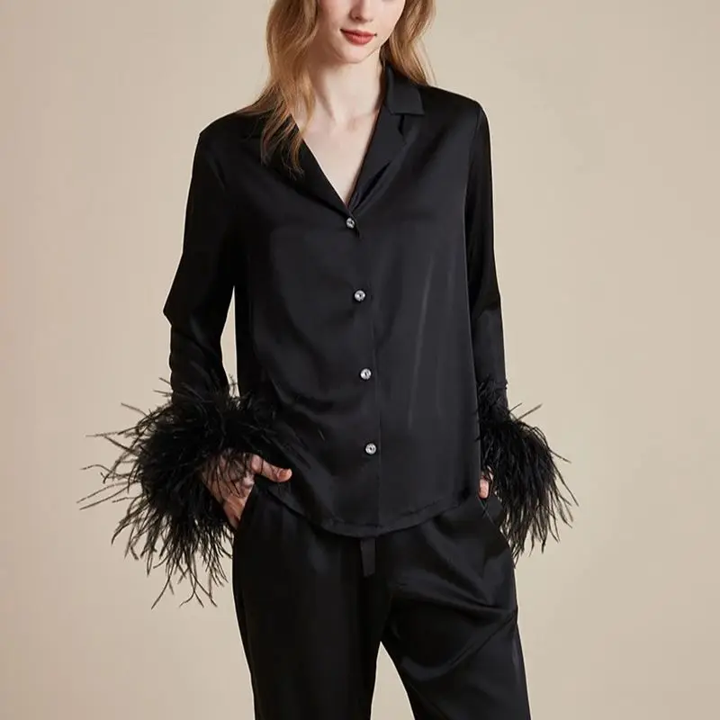 Women Big Feather Pajamas Sets Spring Summer Lady Natural Ostrich Feather Cuffs Suit