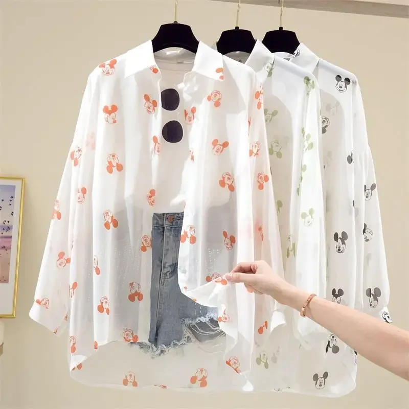 

Mickey Mouse Blouse Ladies Long Sleeve Women Shirt Beach Shirts Kawaii Cartoon Summer Clothes Cover-Up Top Casual