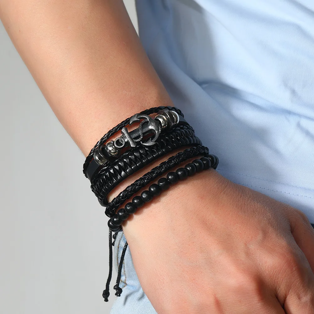 Leather Bracelet For Men Simple Marine Adventure Spirit Bracelets, Hand-Woven Leather Bracelets Rudder Alloy