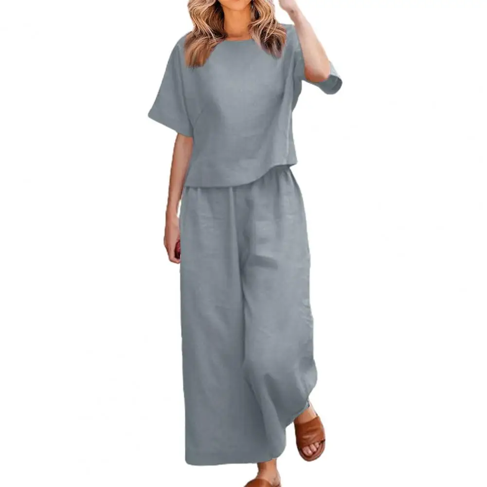 

Fashion Women's Cotton Hemp Summer Khaki Round Neck Short Sleeve Loose Top High Waist Pocket Wide Leg Pants Retro 2 Piece Set