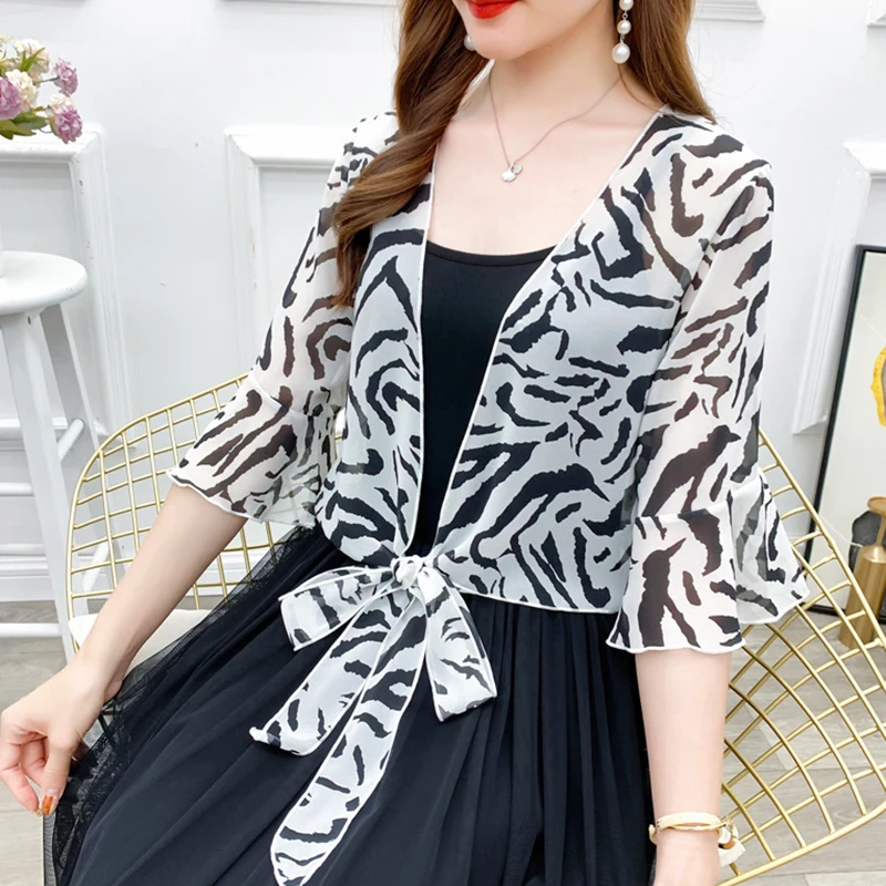 Fashion Zebra Print Chiffon Women\'s Sunscreen Shawl Summer Cardigan Thin Outer Jacket Blouses Neck Guard Cloak Sun Scarf R23