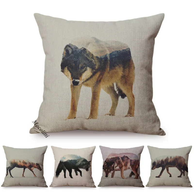 Nordic Shadow Animal Funky Sofa Throw Pillow Case Wolf Elk Bear Deer Cotton Linen Office Chair Decorative Cushion Cover cojines