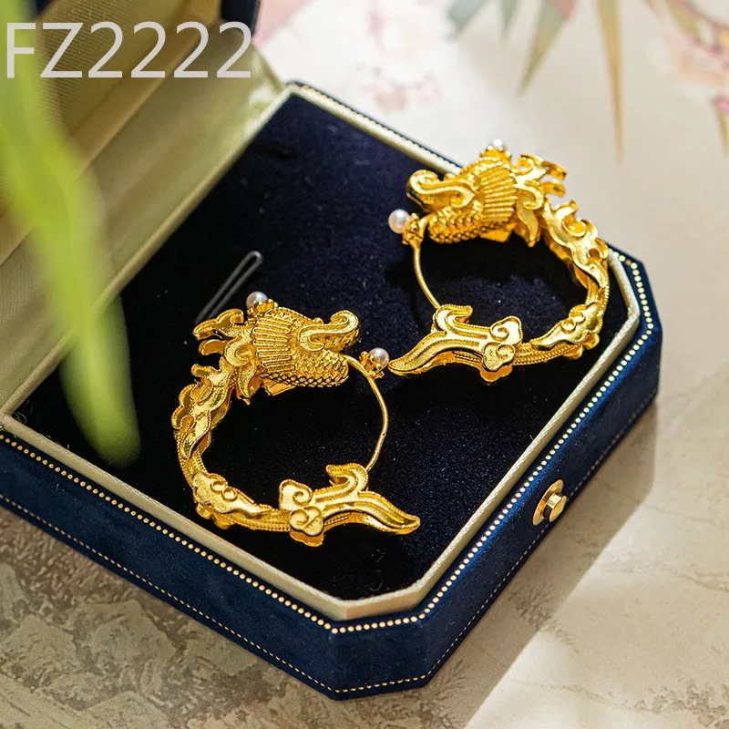 Personalized national trend with new filigree silk burnt blue antique dragon pearl earrings brooch