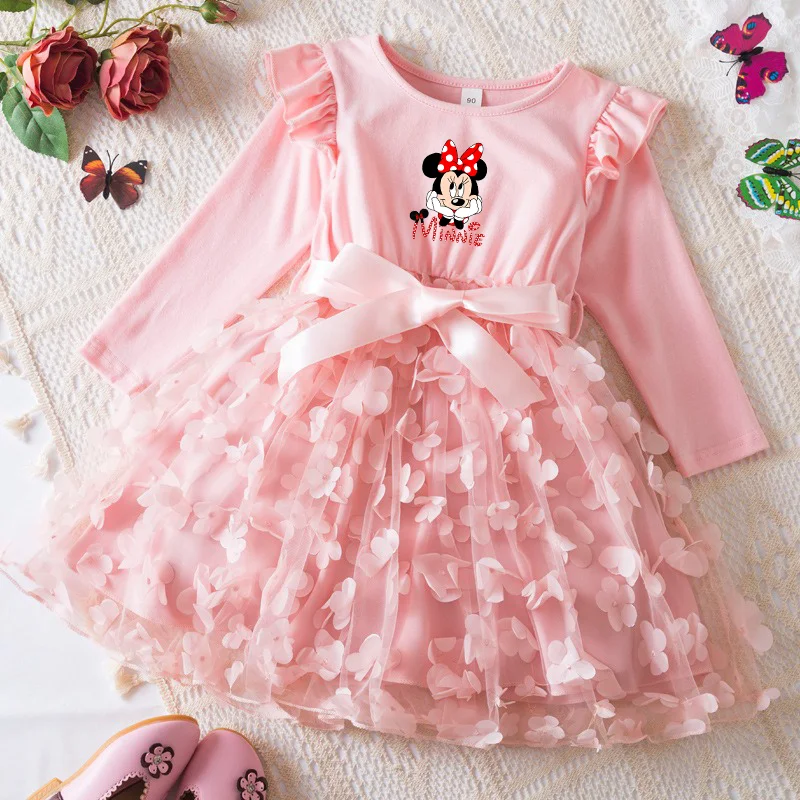 Mickey Minnie Mouse Dress for Kid's Casual Clothes 3D Butterfly Long Sleeve Baby Girls Princess Dress Party Dresses 2-6 Yrs