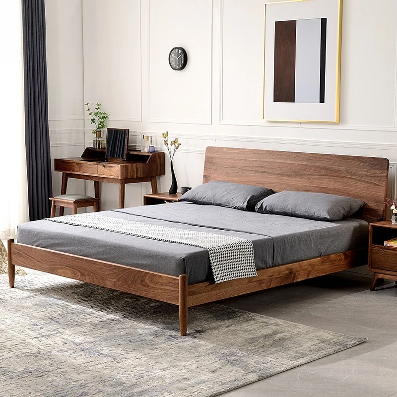 Schwarzes Walnuss-Massivholzbett, 1,8 Meter, Doppelbett, Kirschholz, Hauptschlafzimmer, Hochzeitsbett, Schlafzimmer