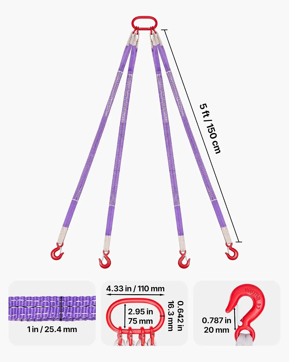 Lifting Sling Straps with Hooks, Polyester Bridle Sling, 6600LB Capacity, Four Leg 5Ft Heavy Duty Rigging Strap, Thickened & Wea