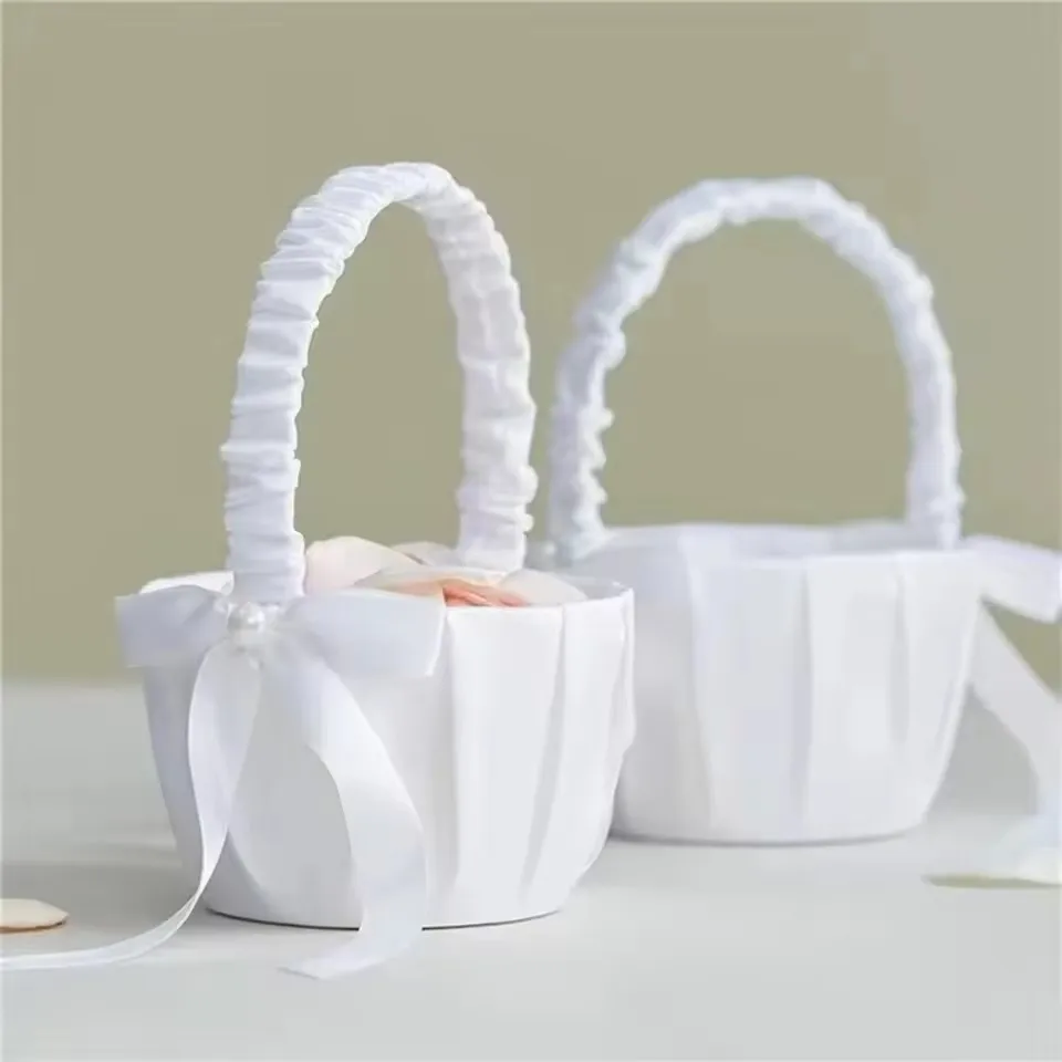 Wedding White Satin Bow Flower basket Flower Carrying basket with pearl handle suitable for bridesmaids and flower girls image 2