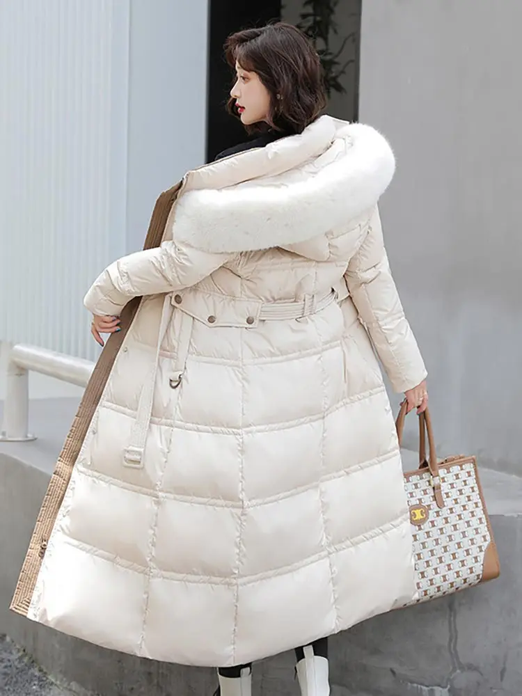 Vielleicht Winter Long Parkas for Women Hooded Fur Collar High Quality Warm Thick Female Coat Snow Wear Jacket Clothes With Belt