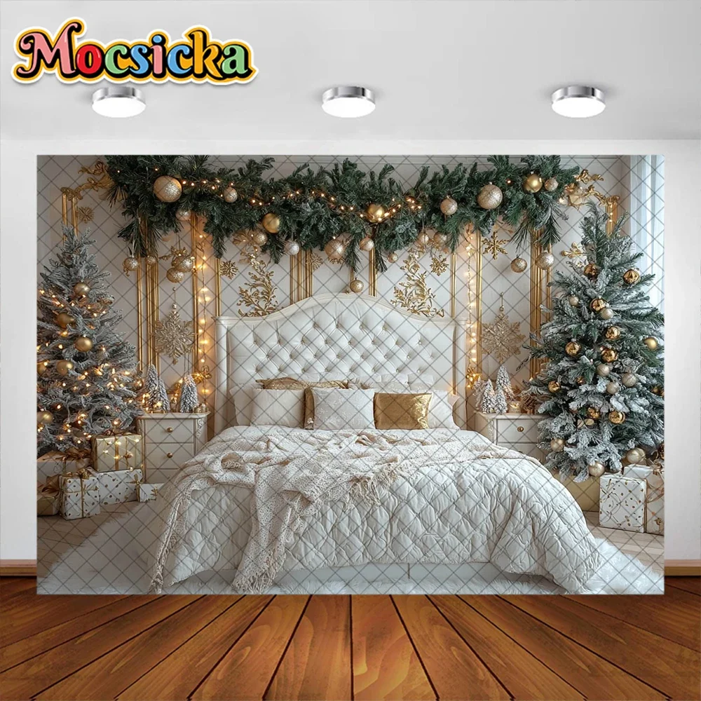 Mocsicka Photography Background Christmas Tree White Bed Garland Holiday Decoration Family Portrait Photo Backdrops Studio Props