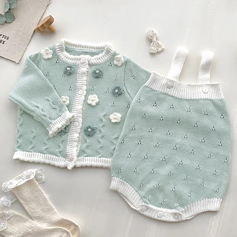 2024 New Autumn Toddler Baby Girl Knitting Clothes Suit Long Sleeved Knitted Cardigan+Jumpsuit Newborn Baby Girls Clothing Set