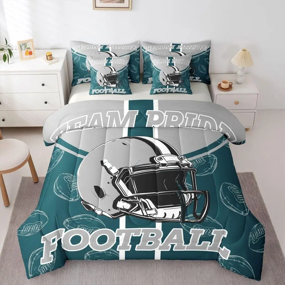 

7-Piece Twin Size Rugby Themed Comforter Set for Kids with Sheets and City Ball Game Decor