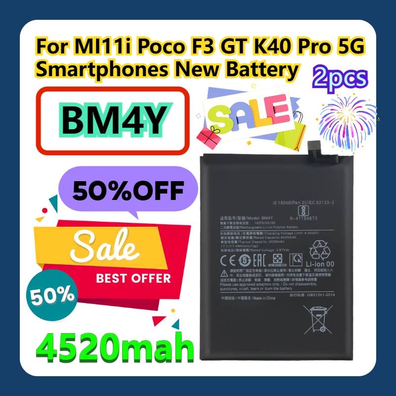 

For MI11i Poco F3 GT K40 Pro 5G Smartphones BM4Y 4520mAh New Battery 2pcs