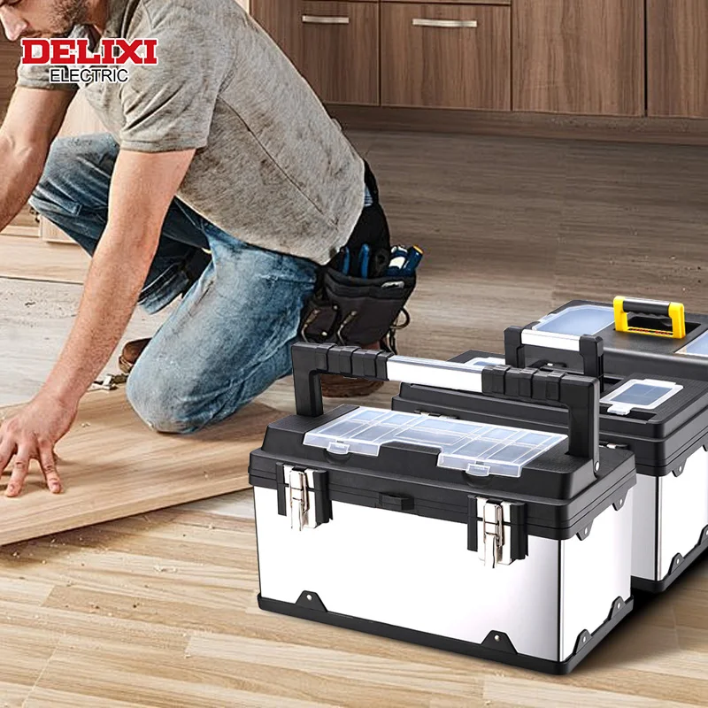 DELIXI ELECTRIC Tool Box 17in with Removable Tray with Stainless Steel Lock Secured, Small Parts Box