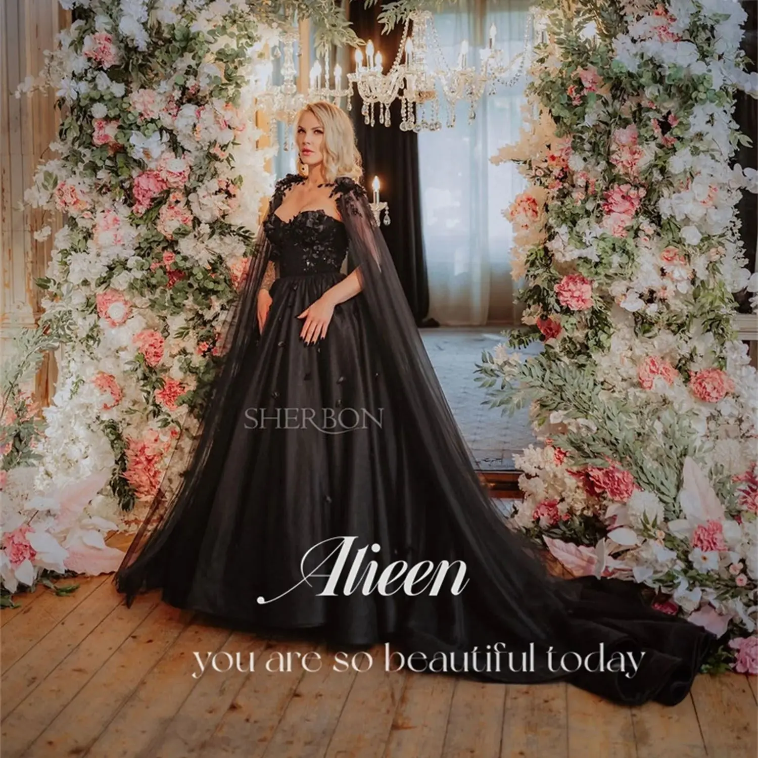 

Aileen Black Shawl Wedding Dress 3D Flowers Customized Elegant Long Woman Party Dresses for Special Occasions Evening Gala Prom