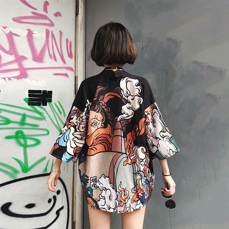 

Ancient Style, New Chinese Style, Graffiti, Fun and Unique Print, Kimono Cardigan, Niche Design, Tie-Up Yukata, Nightgown, Beach Vacation Cover-Up, Retro Modified Kimono