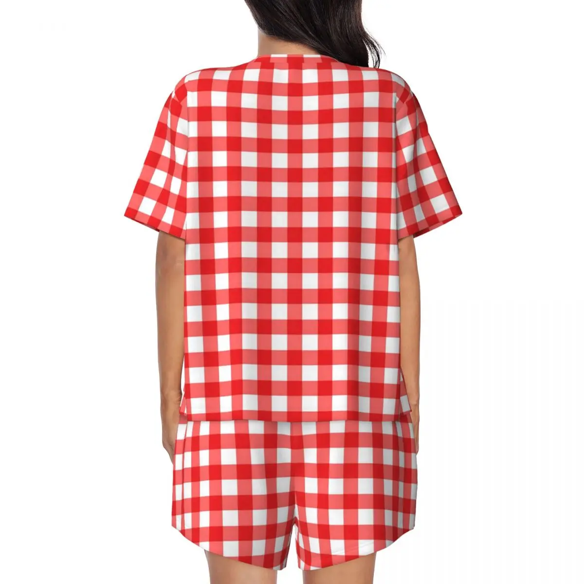 Gingham Check Print Pajamas Short Sleeve Red And White 2 Piece Leisure Pajamas Set Summer Women O Neck Cute Nightwear