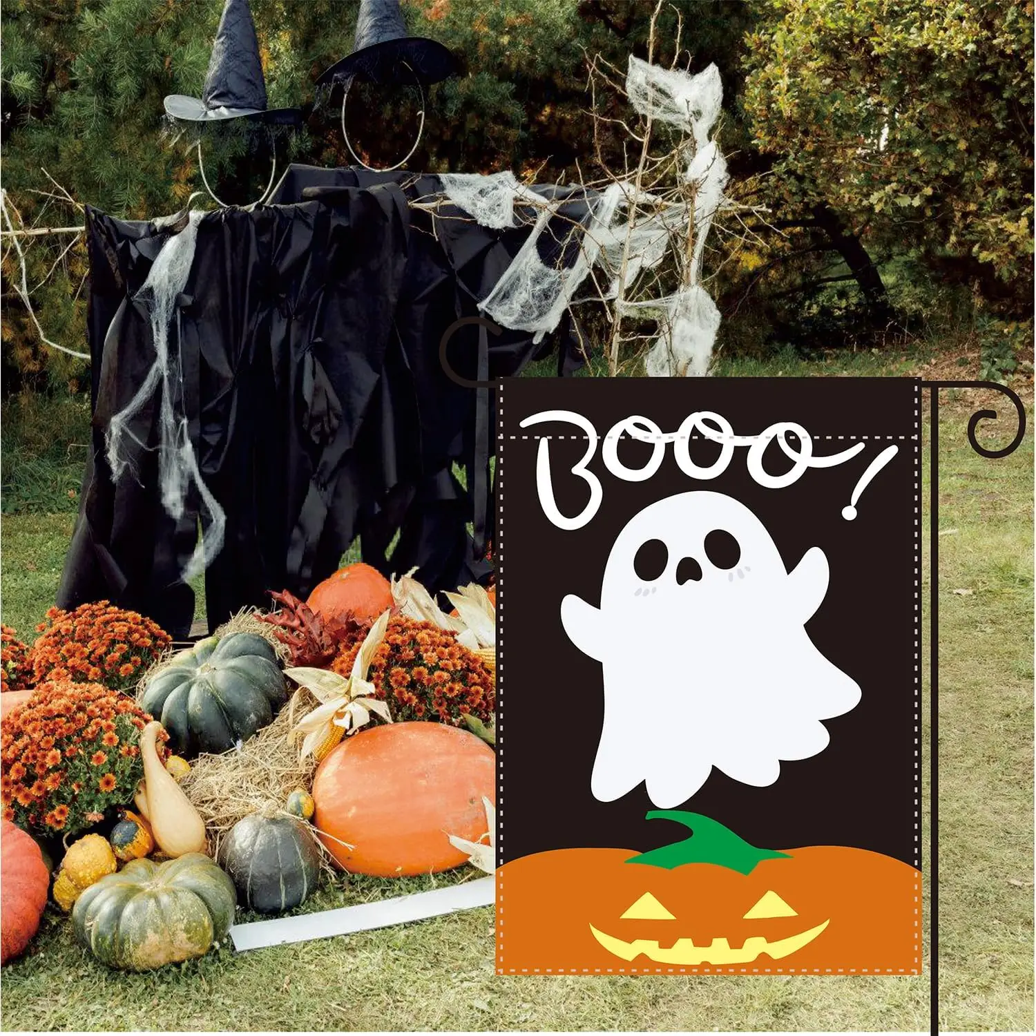 هالوين شبح حديقة العلم اليقطين شبح بو أبيض وأسود برتقالي 12x18 على الوجهين هالوين عطلة حفلة فناء ديكو FFI