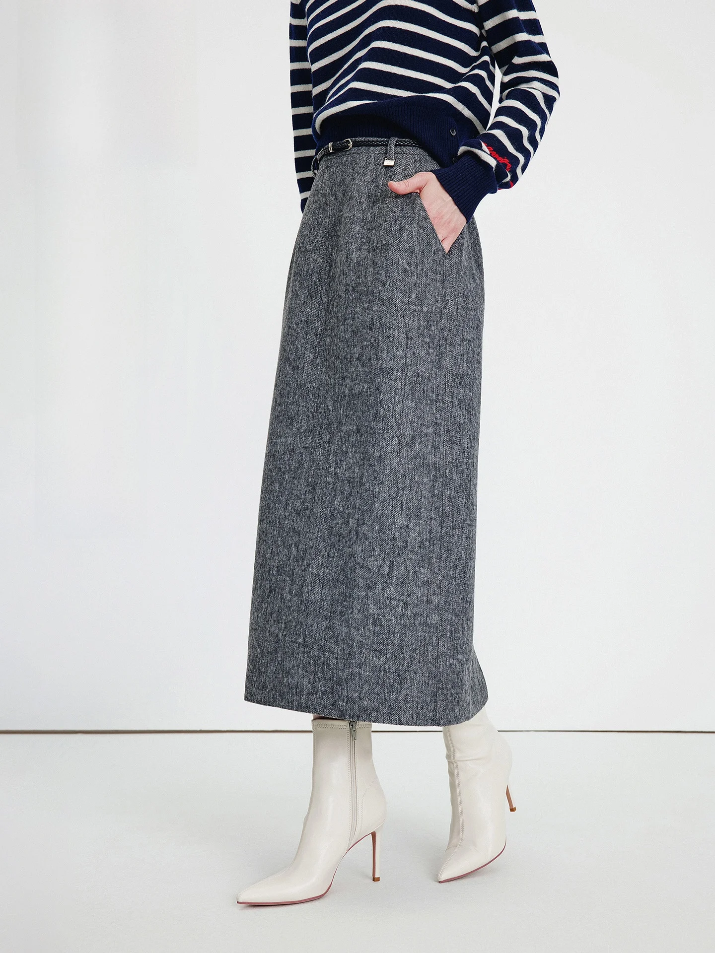 

Navigare Long Woolen Skirt Women's Commuter Skirt Spring New Sle Casual mid Waist Belted Wrap around Skirt for Ladies