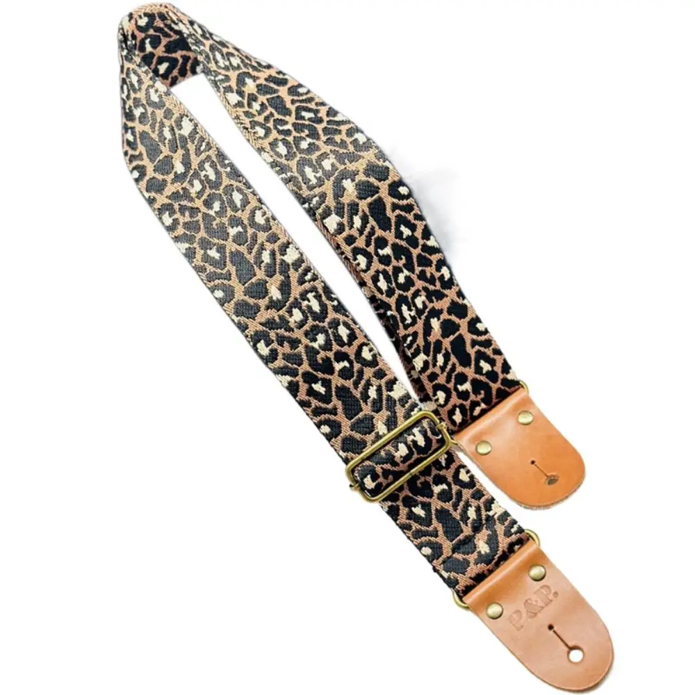 Correa de guitarra a cuadros de tartán, cinturón de guitarra acústica con extremo de cuero ajustable, correa de hombro gruesa con estampado de leopardo para guitarra