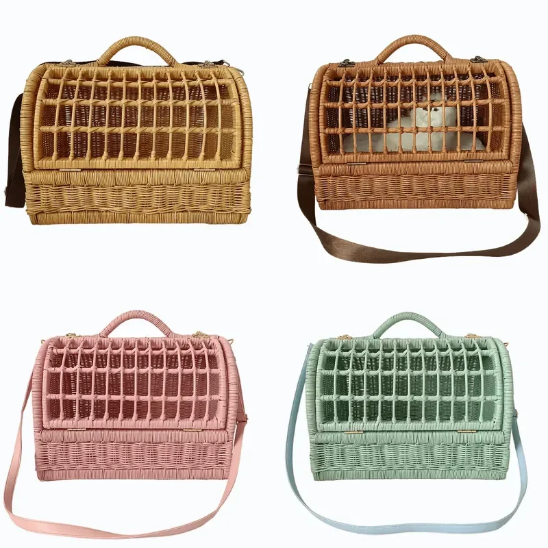 Rattan Cat Carrier Backpack Portable Pet Travel Bag Breathable Chest Pack for Small Cats Outdoor Hiking