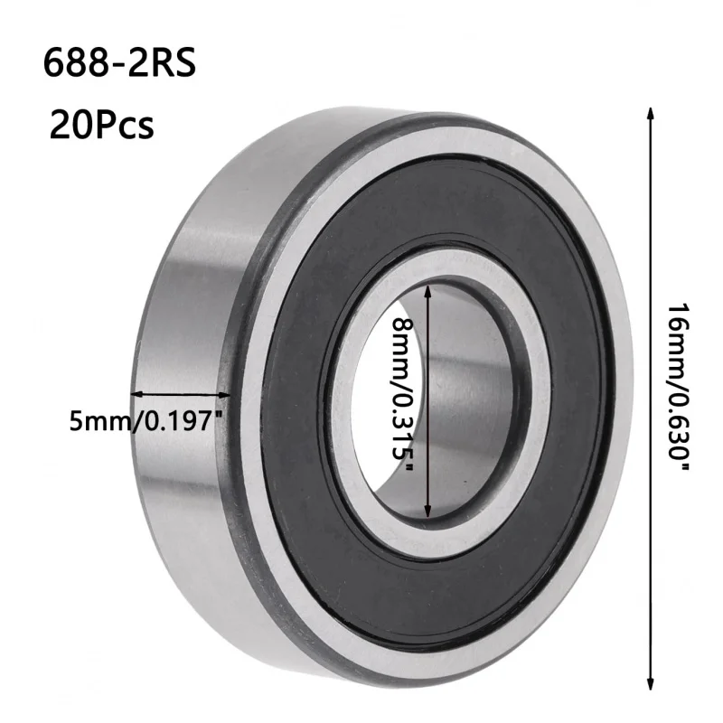 20Pcs 688-2RS Deep Groove Ball Bearings, ID 8mm x OD 16mm x Width 5mm, Double Rubber Sealed, 688 RS Pre-Lubricated Bearing