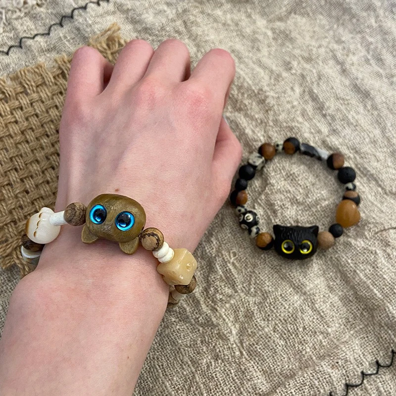 Cute Little Laughing Black Cat Beaded Bracelet; Friendship Jewelry Gift; Timeless Fashion Accessory For Men and Women