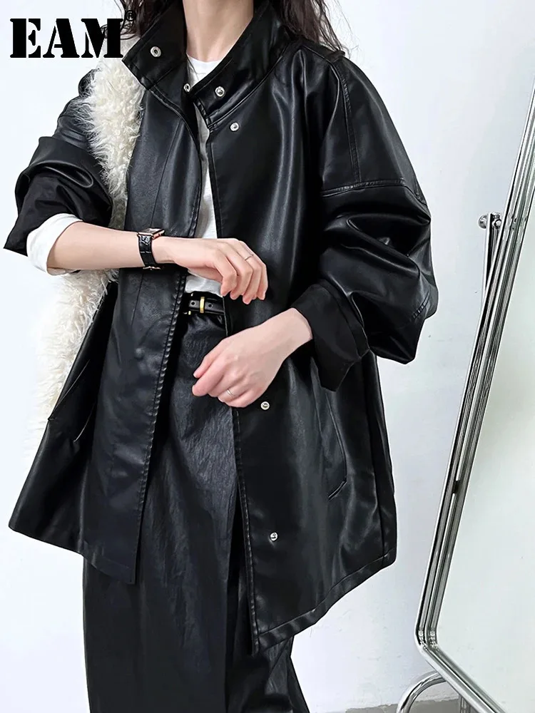 [EAM] Loose Fit PU Leather Black Big Size Long Jacket New Stand Collar Long Sleeve Women Coat Fashion Spring Autumn 2024 1DH1637