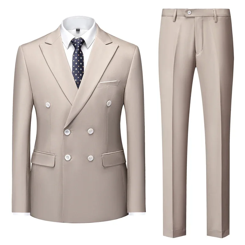 Green Men's Double-breasted Suit Two-piece, Fashion Slim Dress Jacket with Pants, Wedding, Business Men Sets, Asian Size