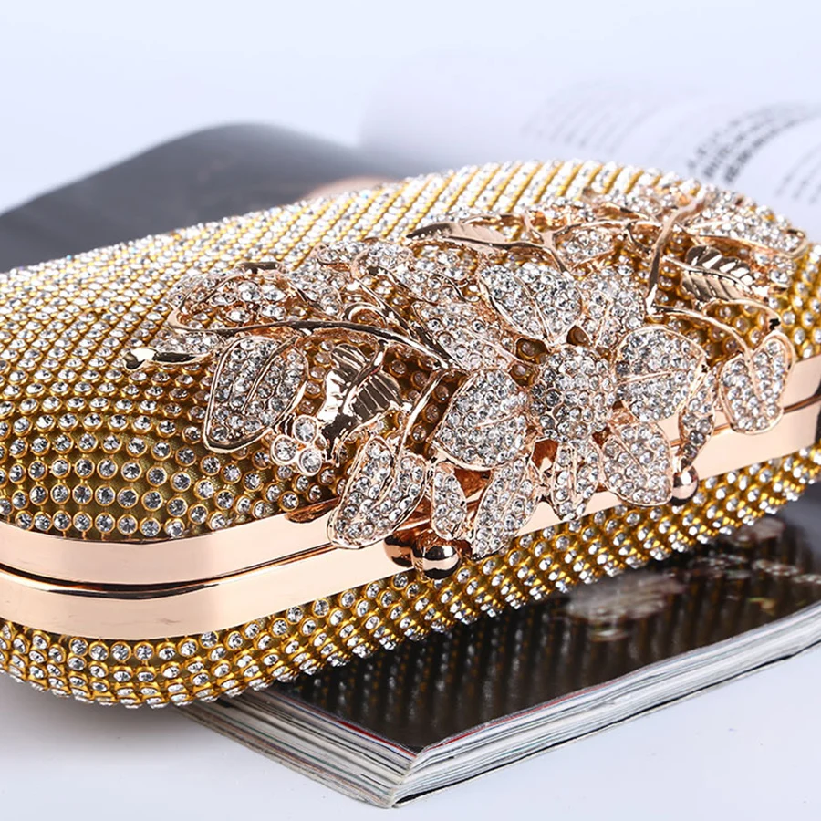 Shiny Diamond Evening Bag Flower Golden Handbag Boutique Novelty Metallic Rhinestone Clutch Purses Bridal Wedding Party Box Bags
