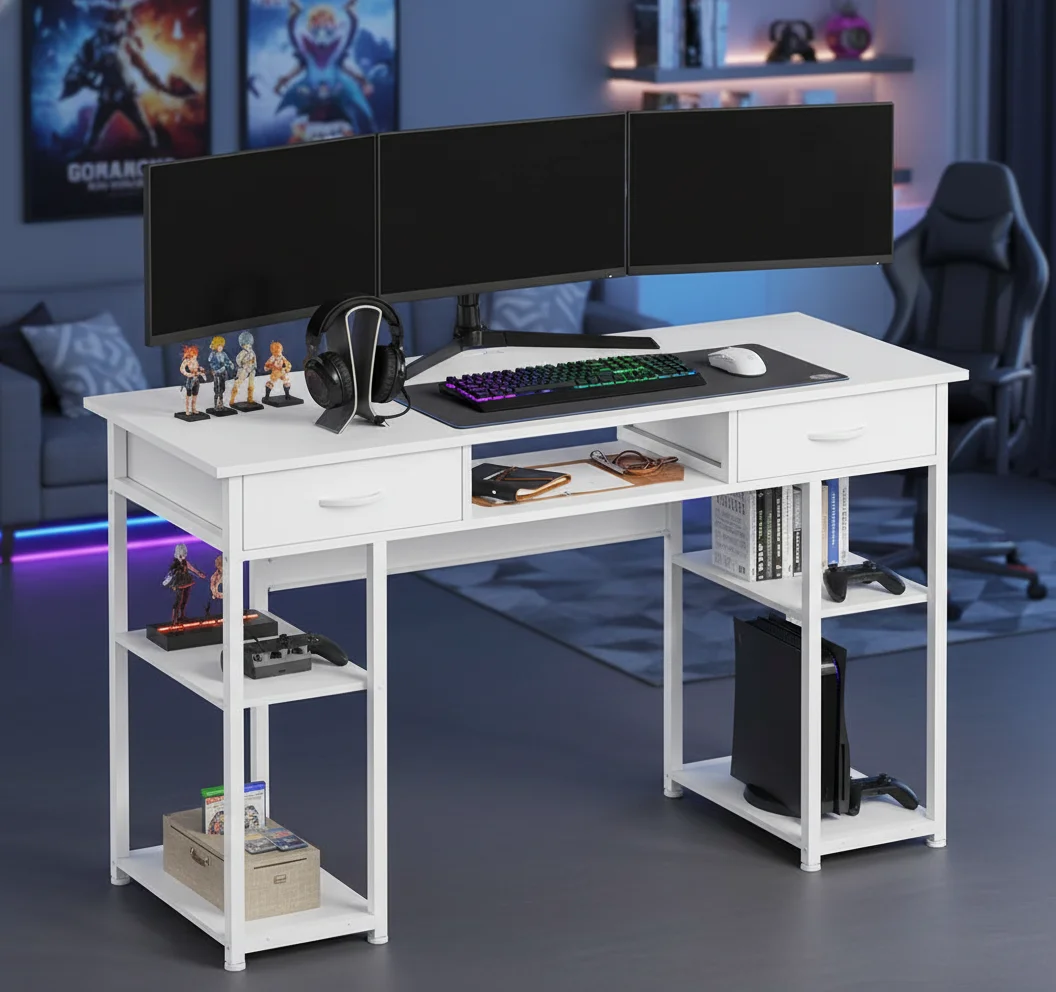 Gaming Desk with Storage Drawers, Spacious Study & Workstation Table for Dorm Rooms or Home Offices