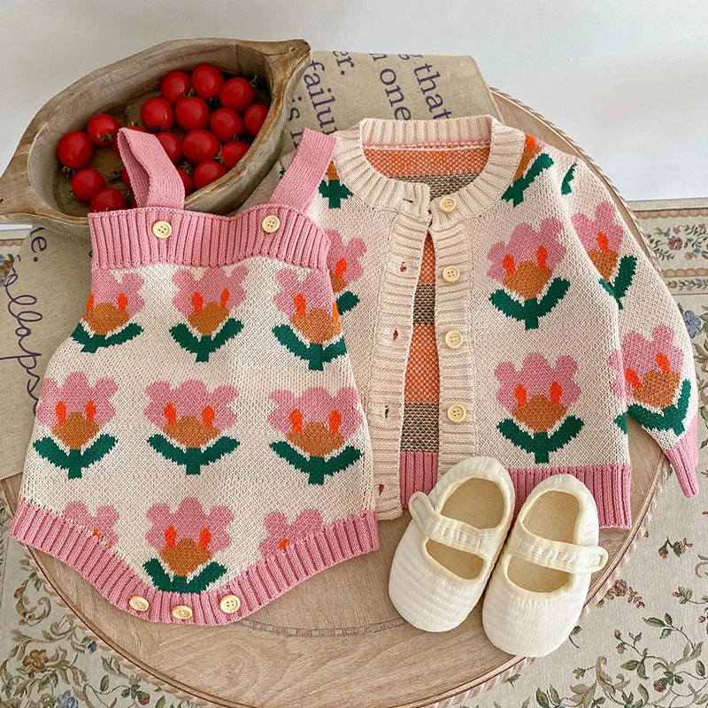 Children Knitting Clothing Suit Long Sleeved Printed Cardigan Coat+Jumpsuit Autumn Spring Toddler Baby Girls Clothes Set