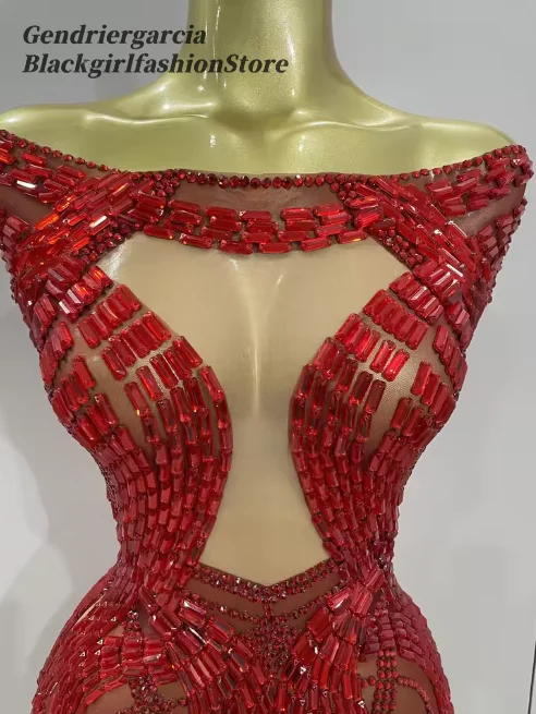 حار مثير الأحمر معطلة الكتف حجر الراين فساتين كوكتيل بلا أكمام شير مخصص فساتين السهرة القصيرة حزب للفتيات السود #2