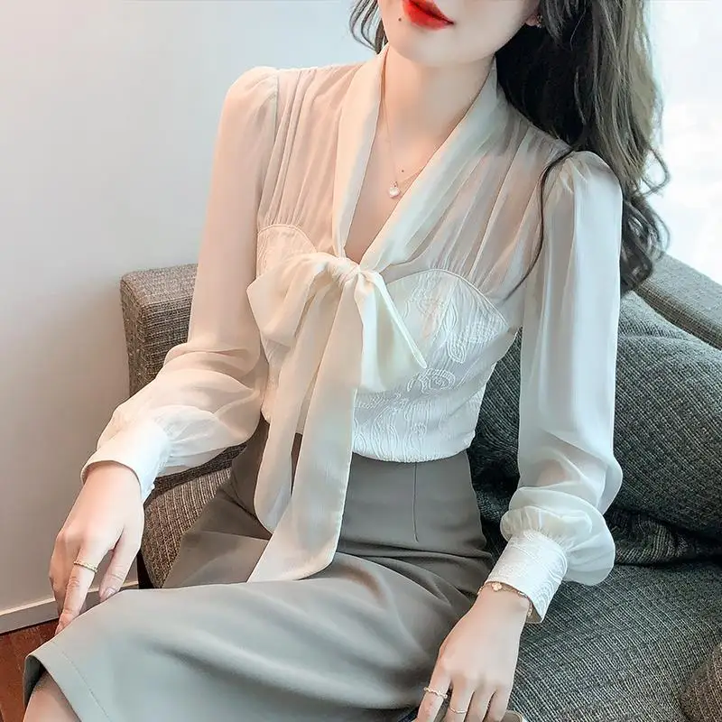 Temperamento arco laço fino blusa curta primavera outono nova manga longa sólida elegante camisa topos moda doce roupas femininas