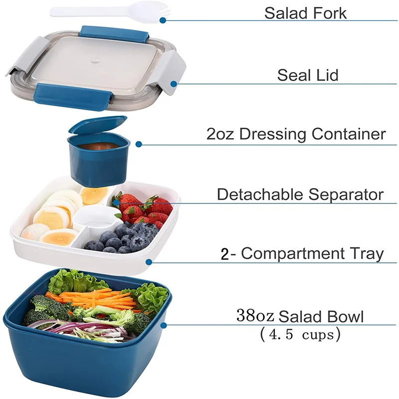 Portable Salad Lunch Container with 2 Layer Compartments Leakproof Bento Box with Lunch Sauce Cup Fork BPA-Free Meal Prep Box