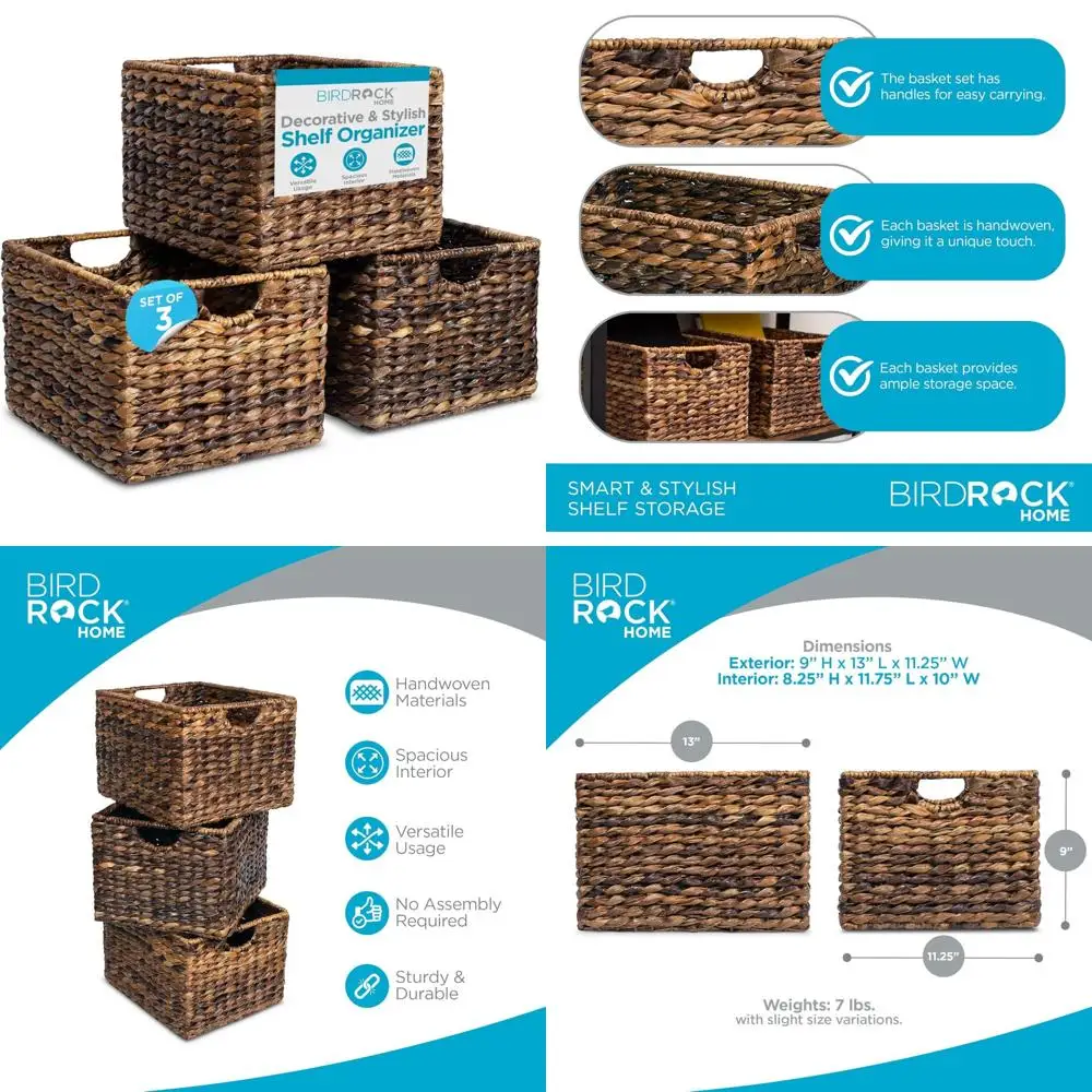 مجموعة من 3 سلال من الخيزران المنسوجة مع مقابض للتخزين والتنظيم في المخزن وغرفة المعيشة والمكتب