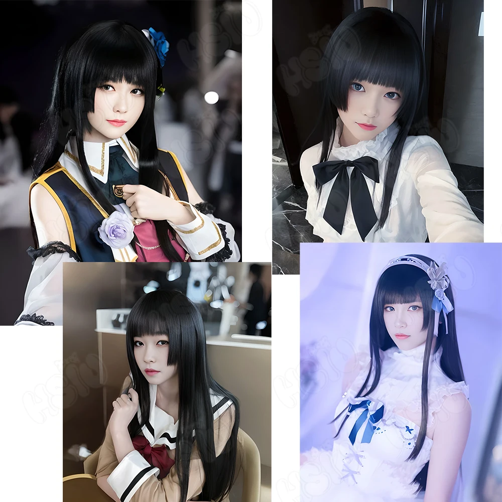 Rinko Shirokane شعر مستعار تأثيري الألياف شعر مستعار اصطناعي 「HSIU」 80CM شعر مستعار أسود طويل + غطاء شعر مستعار أنيمي بانج دريم! شعر مستعار تأثيري #2