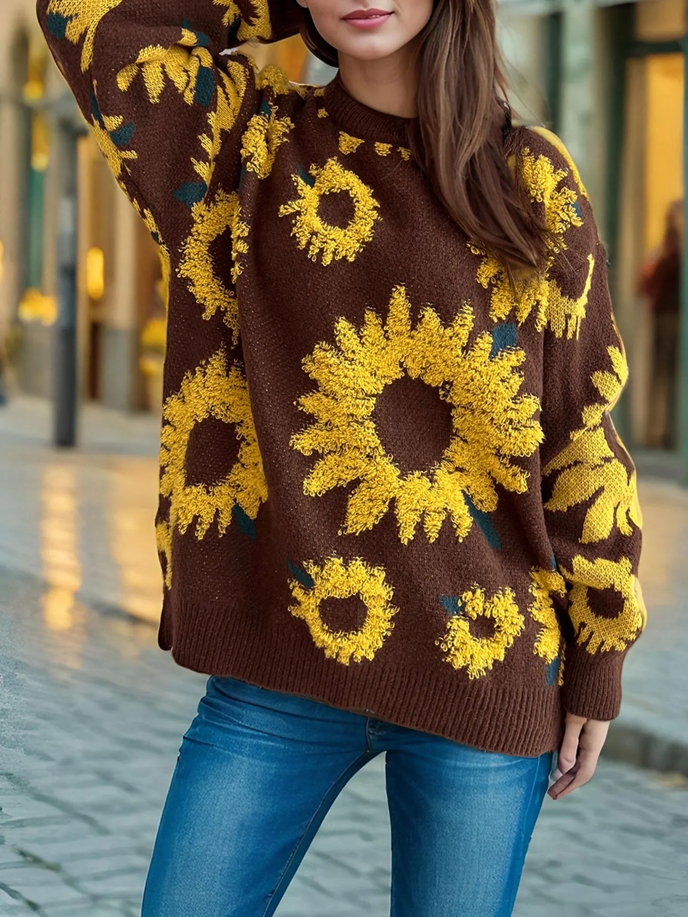 Women's Patchwork Floral Decor Long Sleeve round Neck Sweater for Autumn Winter Basic Daily Wear Fit Style