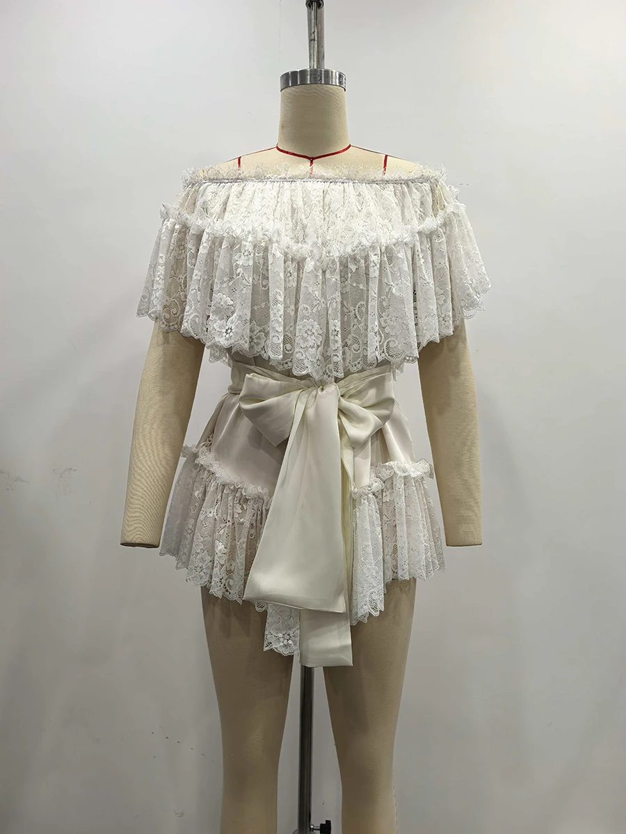 TWOTWINSTYLE Retro Romantiek Asymmetrische Kanten Jurk voor Vrouwen Slash Hals Korte Mouw Patchwork Satijnen Strik Mini Jurken Vrouwelijke