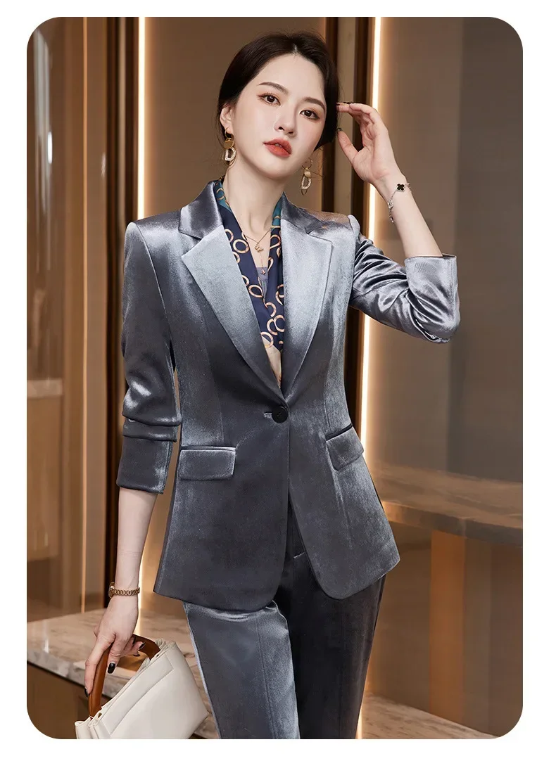 Blazer formal de veludo feminino e roupas de jeans, jaqueta coreana, roupa quente grossa para trabalho, qualidade brilhante, moda feminina, outono, inverno, 2 conjuntos