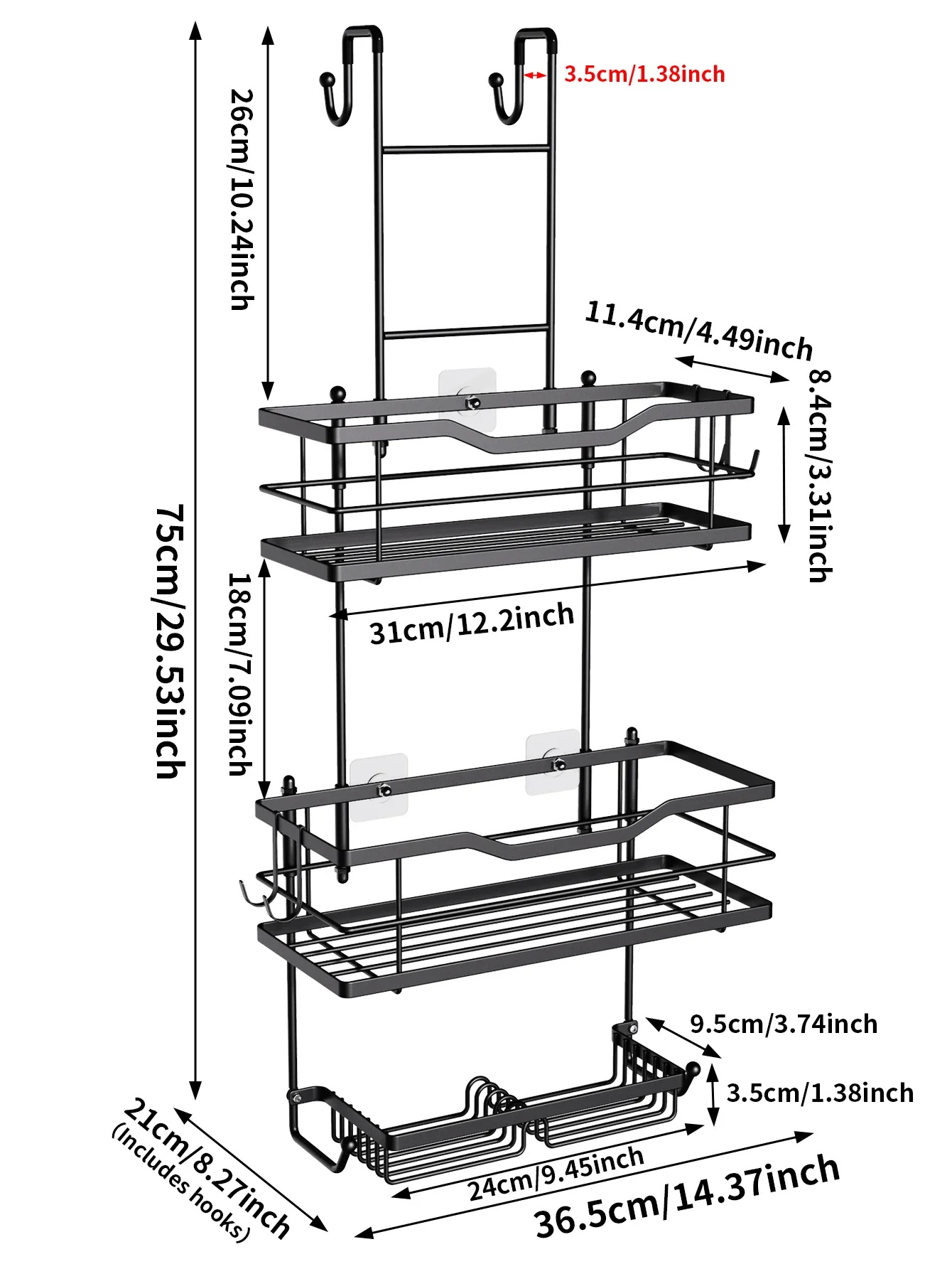 3-tier hanging shower caddy, large capacity hanging shower caddy, with 2 soap dishes BLACK/Silver