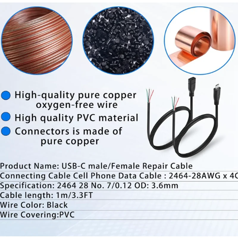 Type-C Male Female Socket to 2 Pin 4 Pin Bare Wire Power Cable For USB C Equipment Installed or Replacement Repair DIY Cable