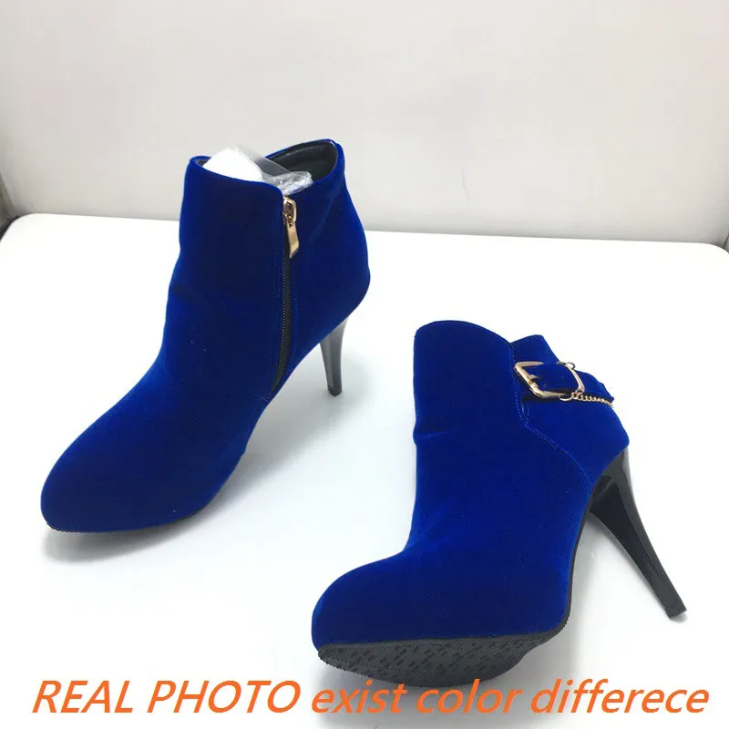 REAVE CAT 2024 Ankle Boots Pointed Toe Thin Heels Flock Buckle Big Size 30-50 Black Blue Red S2677