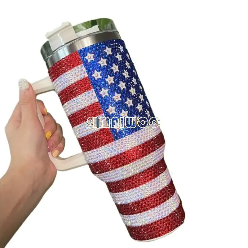 

40oz Handle Rhinestone Cup US Flag Design Car Portable Double Layer Ice Drink Straw Vacuum Thermal Insulation Handmade Gift